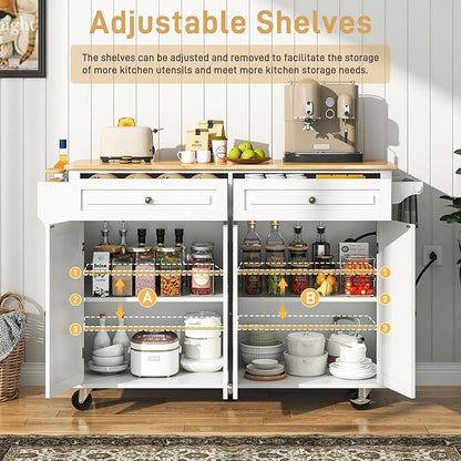 Hlivelood 55" Movable Kitchen Island with Drop Leaf and Power Outlet, Rolling Island Cart w/Storage Cabinet, Island Table on Wheels for Kitchen w/2 Drawers, Spice Rack, Towel Bar, Garage Hook, White