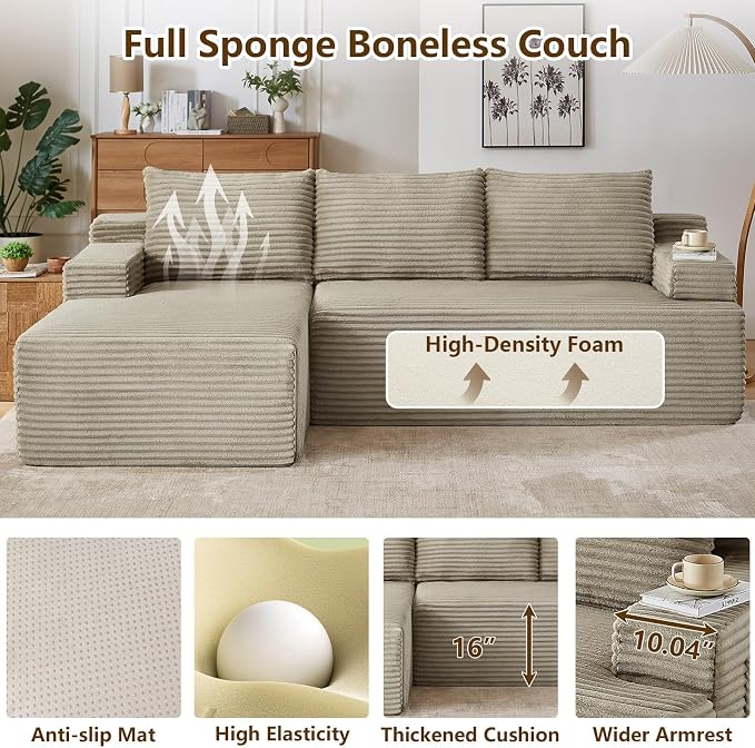 96.1" Modular Sectional Sofa Couches L-Shape Couch 3 Seat Modular Sofa Corduroy Memory Foam Sectional Boneless Couches for Living Room, Cloud Couch with Oversized Chaise(Camel, Left Facing)
