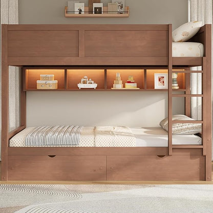 Wood Bunk Bed Full XL over Full XL Size with Built-in Storage Cabinets, 2 Drawers and LED Light, Versatile Bunk Bed Frame with Ladder and Guardrail for Kids Teens Adult, Maximize Space (Brown-1.13)
