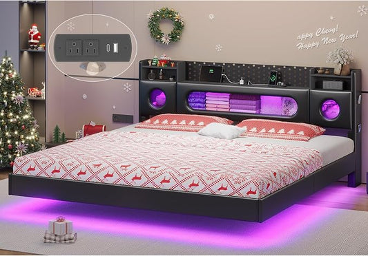 Dnxao Floating Bed Frame King with Storage Headboard & LED Lights, PU Black | Charging Station & Open Shelves, Hidden Storage PU Upholstered Headboard, No Box Spring Needed, Noise-Free, Easy Assembly