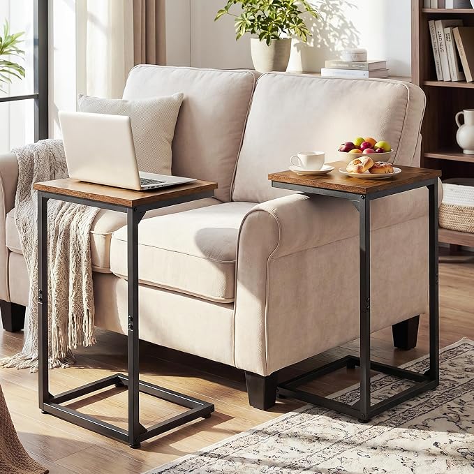 AMHANCIBLE C Shaped End Tables, Couch Side Tables that Slide Under, TV Trays for Living Room, Bedroom, Small Space, Sofa, Brown HET02BBR-1