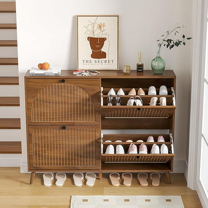 Fsbecl Shoe Storage Cabinet for Entryway with 4 Flip Drawers, Narrow Shoe Organizer with Fluted Panel, Freestanding Wood Hidden Shoe Cabinet (Walnut, 4 Flip Drawers)
