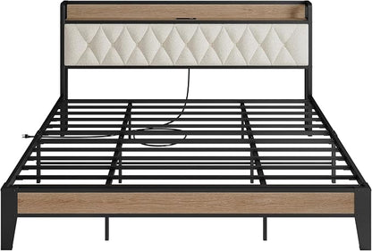 King Size Bed Frame with Headboard & Charging Station, Wood and Cream