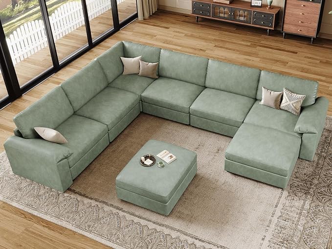 EASE MOOSE Faux Leather Sectional Couch with Ottoman, Oversized Modular Sofa, Vintage Comfy Modular Couch, Scratch Resistant Material Sofas, U Shaped Couch for Living Room, Green