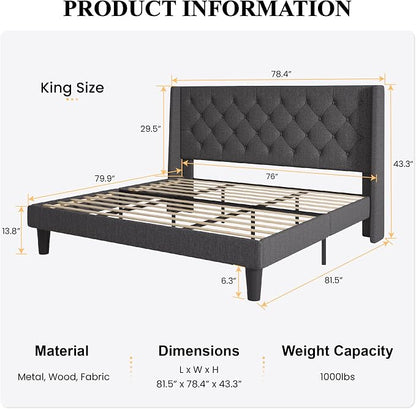 SHA CERLIN King Size Upholstered Platform Bed Frame and Wingback Headboard, Tufted Linen Fabric, Wooden Slats Support, Easy Assembly, No Box Spring Needed, Dark Grey