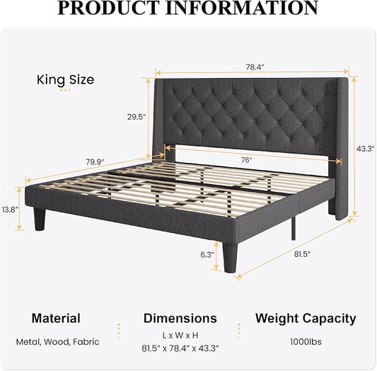SHA CERLIN King Size Upholstered Platform Bed Frame and Wingback Headboard, Tufted Linen Fabric, Wooden Slats Support, Easy Assembly, No Box Spring Needed, Dark Grey