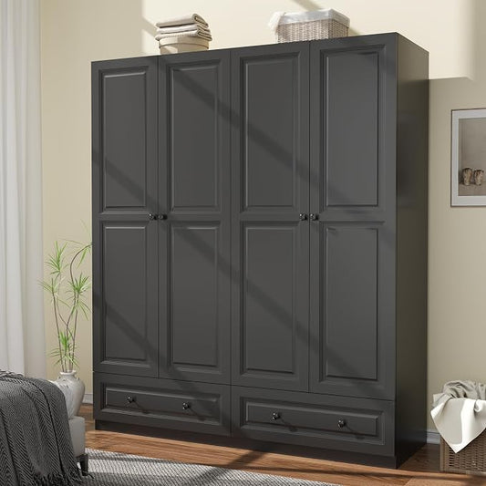 Armoire Wardrobe Closet with Drawers: 74" Bedroom Closet for Hanging Clothes, Black Wardrobes Closets with Doors, Modern Armoire Cabinet with Shelves (Black, 63")