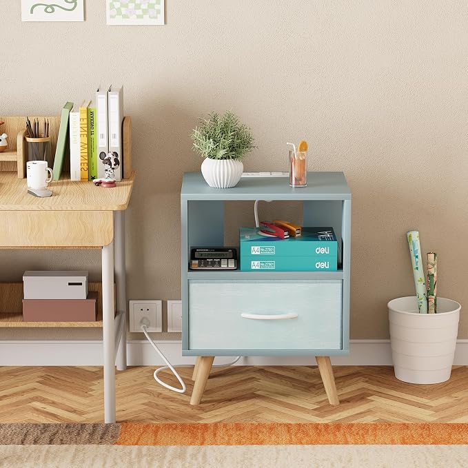 Huhote Kids Nightstand, 2-Tier Night Stand with Charging Station and Drawer, Modern Side Table for Bedroom, Study Room, Small Spaces, Blue