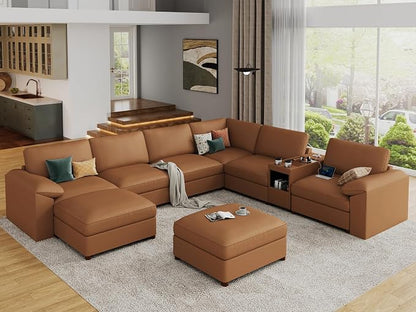 EASE MOOSE Faux Leather Sectional Couch with Console, Oversized Modular Sofa, Modern Comfy Modular Couch, Scratch Resistant Material Sofas, U Shaped Couch for Big Spaces,Brown
