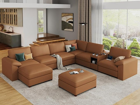 EASE MOOSE Faux Leather Sectional Couch with Console, Oversized Modular Sofa, Modern Comfy Modular Couch, Scratch Resistant Material Sofas, U Shaped Couch for Big Spaces,Brown