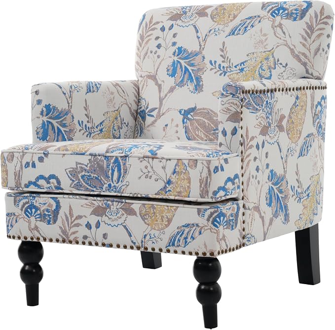 Christopher Knight Home Eve Modern Upholstered Club Chair, Wooden Living Room Accent Chair, Bedroom Comfy Reading Chair, Multifunctional Armchair, Beige+Blue