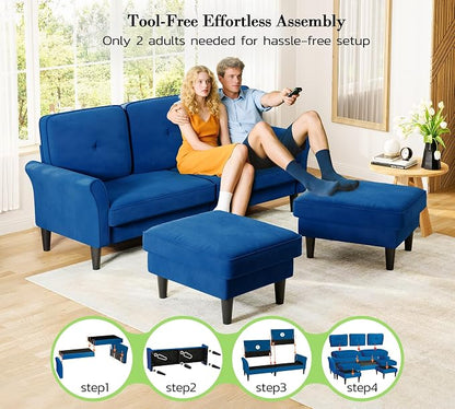 Kidirect Small Sectional Couch, 83" U Shaped Couch, Comfy Velvet Couches for Living Room, Tool-Free Setup Modular Sectional Sofa, 850lbs Load Sofas for Living Room with 2 Movable Ottomans, Blue Couch