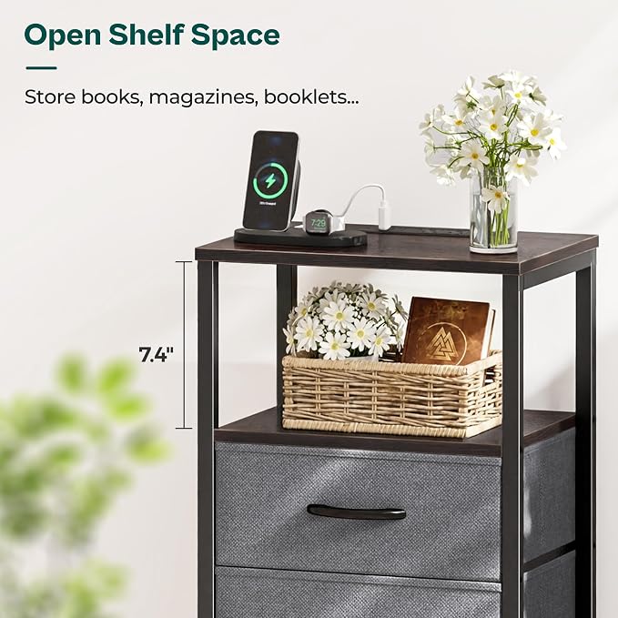 Huuger Nightstand with Charging Station, Fabric Drawers, End Table with Open Shelf, Bedside Table with USB Ports and Outlets, Night Stand for Bedroom, Walnut