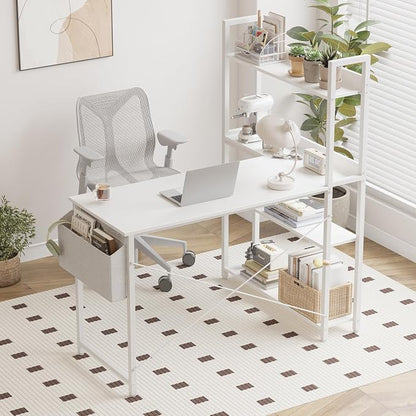 Treesland 55 Inch Computer Desk with Bookshelf, Corner Desk with Storage, L Shaped Desk, Home Office Desks, Writing Study Desk for Bedroom, White