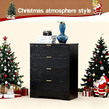 4 Drawers Dresser, Wooden Dresser for Bedroom with Large Drawer and Gold Handles Storage Chest Cabinet Organizer Living Room Closet Hallway, Black