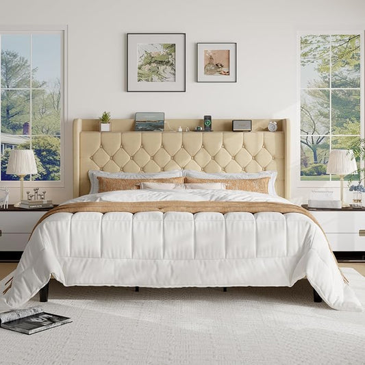 SHA CERLIN King Size Platform Bed Frame with Charging Station, Linen Wingback Headboard with Storage Shelf, Wooden Slats Support, Ample Under-Bed Space, No Box Spring Needed, Easy Assembly, Beige
