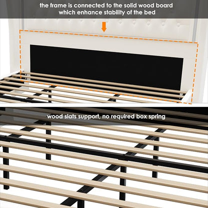 King Bed Frame 55" Tall Headboard with LED Lights, Buttons Tufted Velvet Upholstered Platform Bed Frame with 2 Storage Drawers, Wood Slats Support Mattress Foundation, No Box Spring Needed, Beige