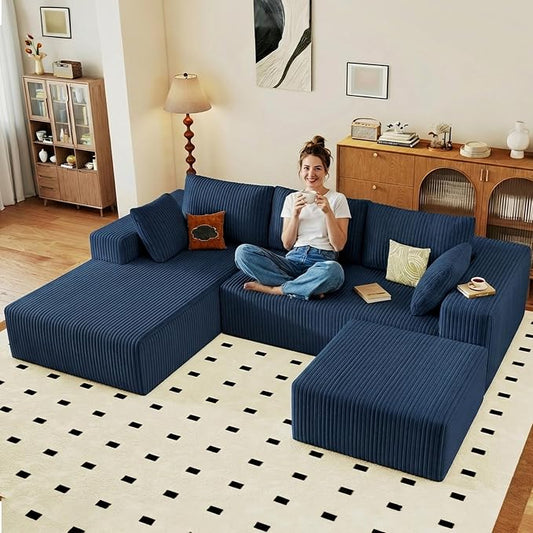 95" Cloud Sectional Couch U-Shaped Chaise with Ottoman, Corduroy Boneless Couch for Living Room Bedroom, Deep-Seat Upholstered Modular Cloud Sofa, No Assembly Required (Blue, Left Facing Chaise)