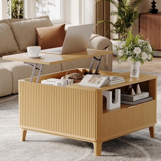 31.5" Square Fluted Lift Top Coffee Table for Living Room, Fluted Lift Top Coffee Tables with Hidden Storage, Modern Center Table,Giratree Stand Up Coffee Table for Home Living Room Office