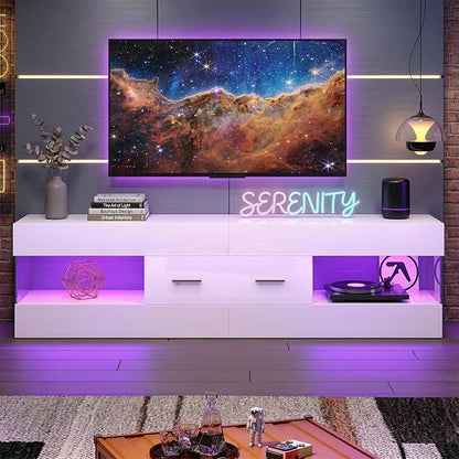 Bestier TV Stand for 55/60/65 Inch TV, High Gloss Modern TV Stand with Stone-Patterned Side Panels, LED Entertainment Center with Large Drawer, TV Consoles for Living Room, Bedroom, Glossy White