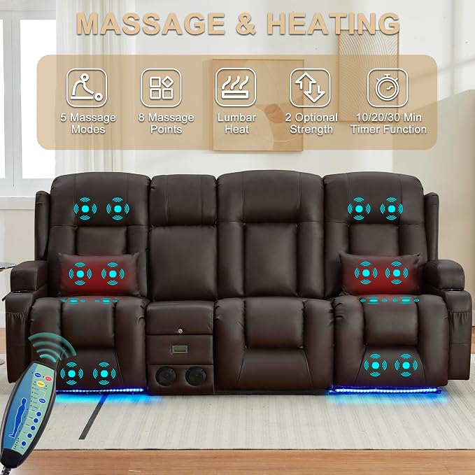 URRED Power Loveseat Recliner Sofa with Massage and Heat, Wall Hugger Reclining Loveseat with Console, RV Couch Home Theater Seating with LED Lights for Living Room (Dark Brown, 89.8" - 3 Seats)