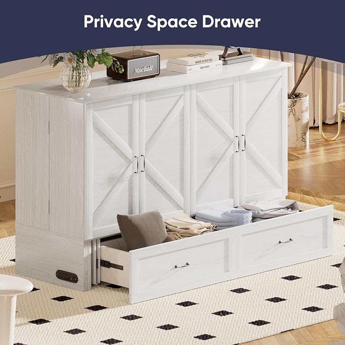 ijuicy Queen Murphy Cabinet Bed, Storage & Charge, No Mattress, White | Queen Murphy Bed Built-in multifunctional charging station & storage drawers, space-saving foldaway design for guest room.