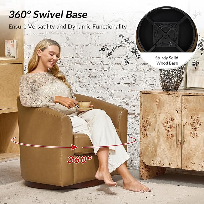 HULALA HOME Genuine Leather Swivel Barrel Chairs Set of 2, Round Swivel Accent Chairs with Solid Wood Base, Leather Barrel Accent Chair for Living Room, No Assembly Required, Camel