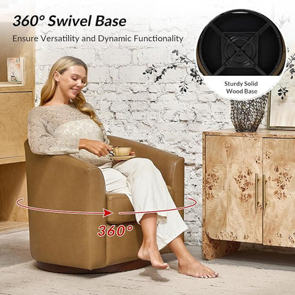 HULALA HOME Genuine Leather Swivel Barrel Chair, Round Swivel Accent Chair with Solid Wood Base, No Assembly Required, Camel