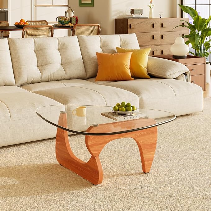 Coffee Tables Glass Small Farmhouse Coffee Table Mid-Century Modern Wood Center Table for Living Room, Walnut Transparent, 32 Inch