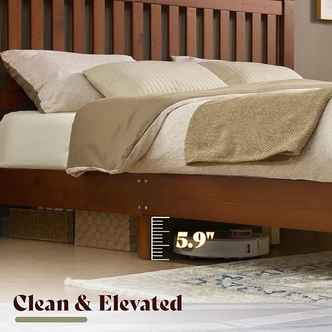 AMERLIFE Full Bed Frame, Solid Wood Platform Bed with Vertical Slats Headboard, Wooden Bedframe Full-Size, Sturdy Wooden Slats Support, No Box Spring Needed, Noise Free, Walnut