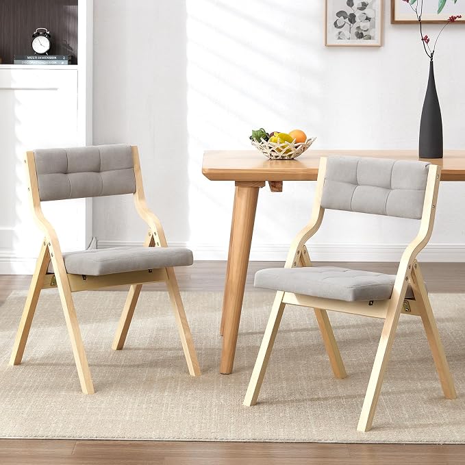 4-Pack Folding Dining Chairs with Cushion,Padded Foldable Dining Chairs,Portable Wooden Folding Chairs for Dining Rooms Kitchen Wedding and Party Indoor LIGHTGREY