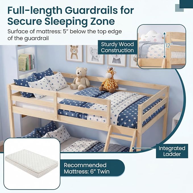 KOMFOTT Low Bunk Bed Twin Over Full, Solid Wood Twin Bed Frame with Built-in Ladder & Safety Guardrails, Space-Saving Low Bunk Bed for Kids, Teens, No Box Spring Needed (Low Twin Over Full,Natural)