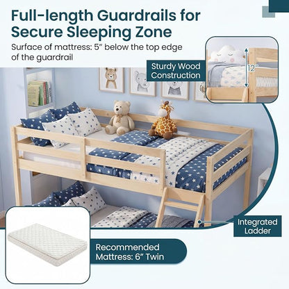 KOMFOTT Low Bunk Bed Twin Over Full, Solid Wood Twin Bed Frame with Built-in Ladder & Safety Guardrails, Space-Saving Low Bunk Bed for Kids, Teens, No Box Spring Needed (Low Twin Over Full,Natural)