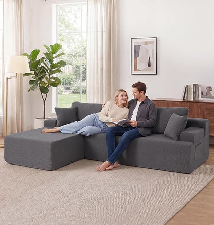 Hobestluk Modular Sectional Sofa Couches L-Shape Couch 3 Seat Modular Sofa Memory Foam Sectional Couches for Living Room, Cloud Couch with Oversized Chaise (Grey Smooth, 96", Left Hand Facing)