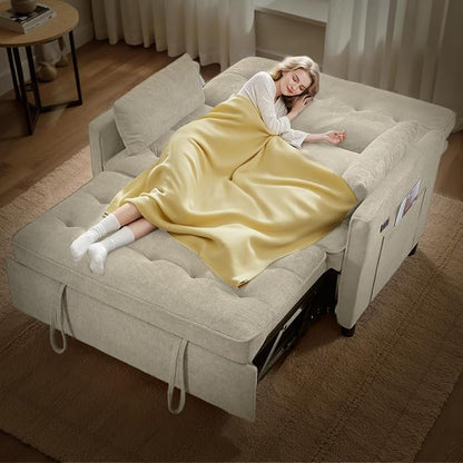 3 in 1 Convertible Sofa Bed, Pull Out Couch with Side Pocket, Sleeper Sofa with Adjustable Backrest | USB Charging Port | Two Pillows | Fabric | Ivory