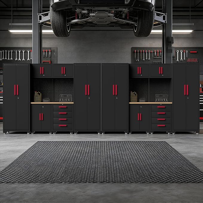 Garage Storage Cabinet System, 16PCS Garage Cabinets and Storage System Workshop Set with Red Cabinet, Cabinet Drawers, Workbench, Pegboard for Tool Organization,Red Handle