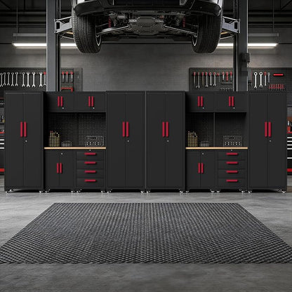 Garage Storage Cabinet System, 16PCS Garage Cabinets and Storage System Workshop Set with Red Cabinet, Cabinet Drawers, Workbench, Pegboard for Tool Organization,Red Handle