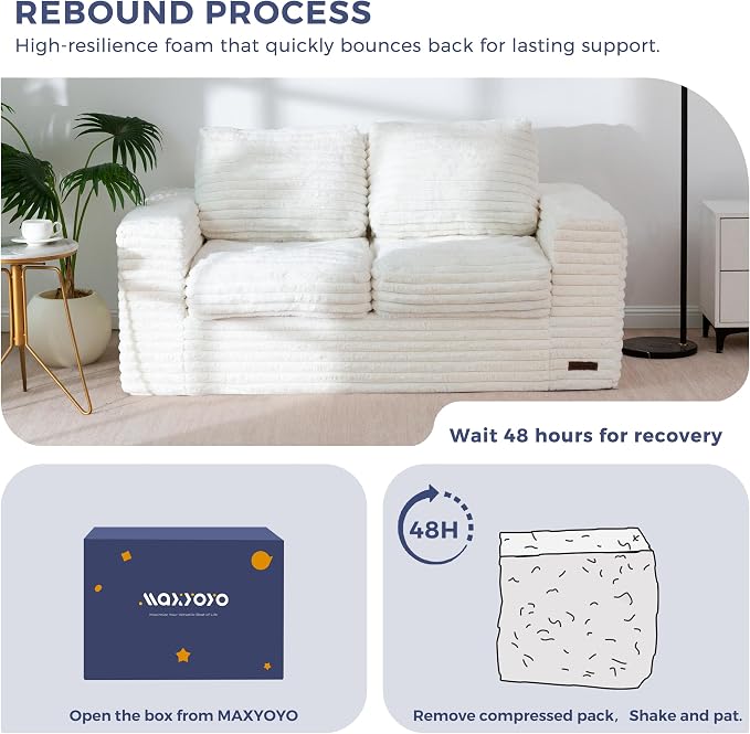MAXYOYO Boneless Loveseat Sofa Couch for Adults, Floor Bean Bag Couch Sofa | Faux Fur Sofa with Armrests and Back Support, Plush Foam Filled Lounge Couch, Cozy Bean Bag Couch for Living Room, Apartment