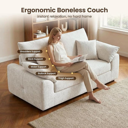 75.6" Boneless Loveseat Sofa, Polyester Fabric 2-Seater Couch with 4 Pillows, No Assembly Required, Soft High Density Foam Cushion, Rectangular Track Arm Sofa for Living Room Bedroom Apartment (Beige)