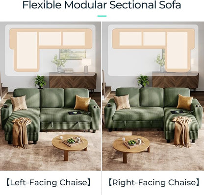 LINSY HOME Pull Out Sleeper Sofa Sectional Couches for Living Room, L Shaped Plush Corduroy Couch with Storage&USB Charging, Convertible Cloud Sectional Sofa Bed for Apartment, Green