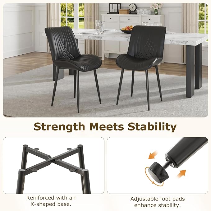 VECELO Dining Chairs Set of 2, Modern Upholstered Faux Leather Cushion Seat and Metal Legs for Kitchen, Living Room, Black