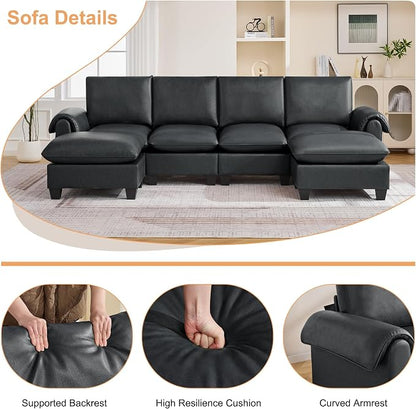 118" Faux Leather Modular Sectional Sofa with 2 Ottoman, Oversized 4 Seater Couch with Curved Armrests, Cloud Modern U-Shaped Sofa Deep Seat for Living Room, Black