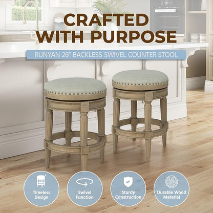 ROME + OAK Runyan 26" Swivel Counter Stool, Rotating Backless Barstool in Reclaimed Oak with Ash Grey Fabric Seat - for Kitchens or Dining Rooms