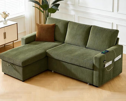 WEUP 82" L Shaped Sectional Sleeper Sofa Bed with Pull Out Bed, Sectional Sleeper Couch Pull Out Couch with Reclining Backrest/Reversible Storage Chaise/USB Ports/Tool-Free Assembly, Corduroy Green