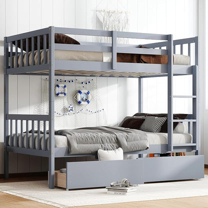 Harper & Bright Designs Twin Over Twin Bunk Bed with 2 Drawers, Convertible into 2 Twin Beds, Twin Bunk Bed with Ladder and Safety Guardrails, Gray