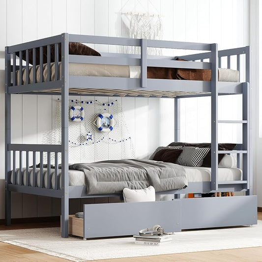 Harper & Bright Designs Twin Over Twin Bunk Bed with 2 Drawers, Convertible into 2 Twin Beds, Twin Bunk Bed with Ladder and Safety Guardrails, Gray