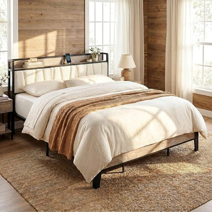 LIKIMIO California King Bed Frames, Bouclé Storage Headboard with Charging Station, Solid and Stable, Noise Free, No Box Spring Needed, Easy Assembly