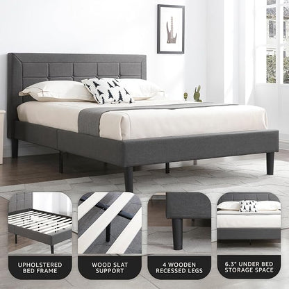 Decoro Mornington Upholstered 2.0 Platform Bed, Button-Tufted Fabric Headboard and Metal Frame with Wood Slat Support, Dark Grey, Queen