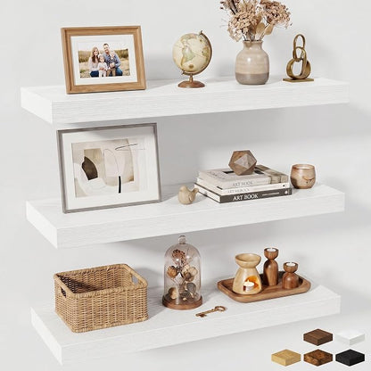 Fun Memories Floating Shelves for Wall, 30 Inch Long Floating Shelves Set of 3, 30 x 10 Wooden Shelves for Wall, Large Storage Shelves, Hanging Shelves for Bathroom Kitchen Bedroom, White