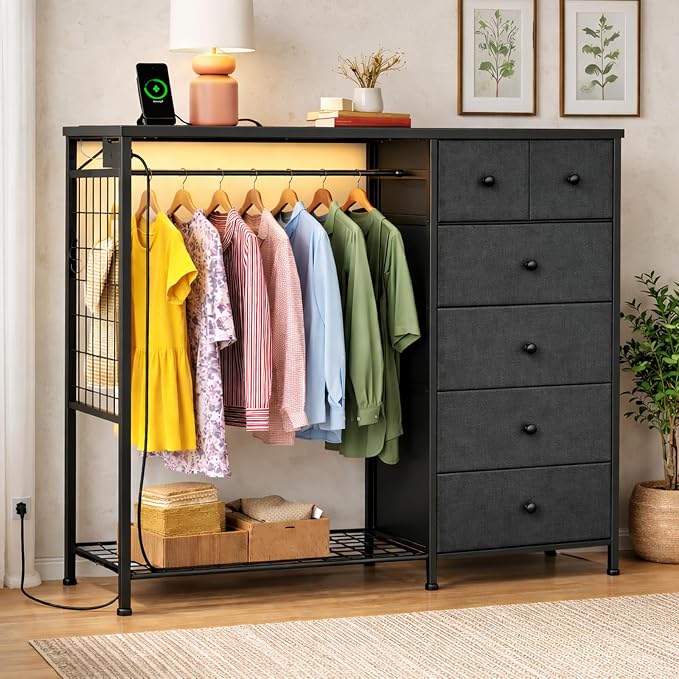 Simple Deluxe Storage Clothes Rack with 6 Drawers, Charging Station & LED Lights, Fabric Chest Shelves Clothing Rack, Wooden Portable Wardrobe Closet, 49.2" W x 15.7" D x 47.2" H, Gary